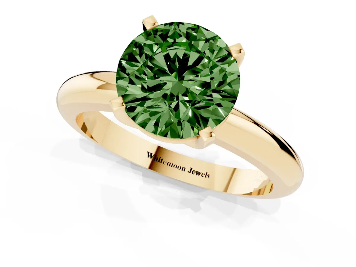 Fancy Green Round Cut Diamond Solitaire Engagement Ring with Round Band and Four-Prong Setting Yellow gold