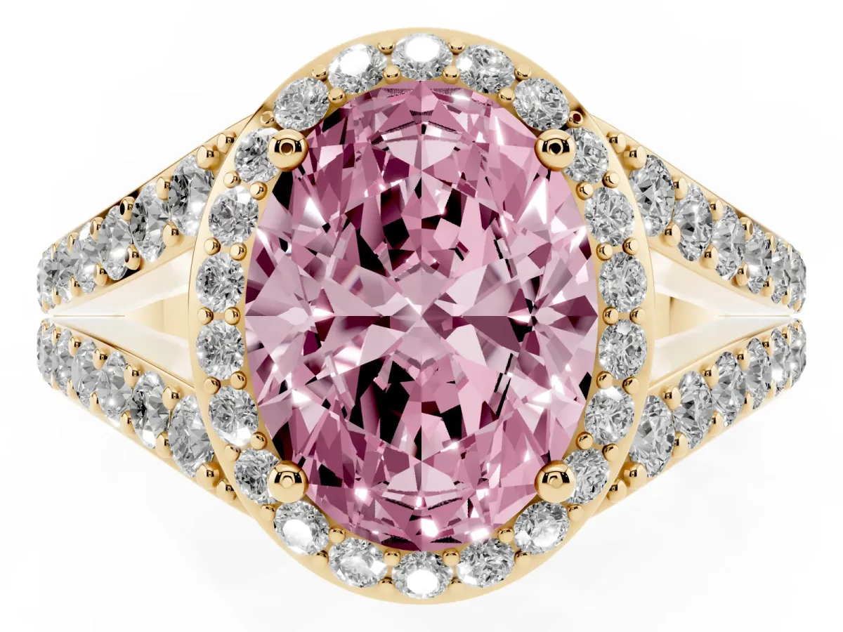 Fancy Pink Oval Cut Diamond Split Shank Halo Ring with Four-Prong Setting Yellow gold