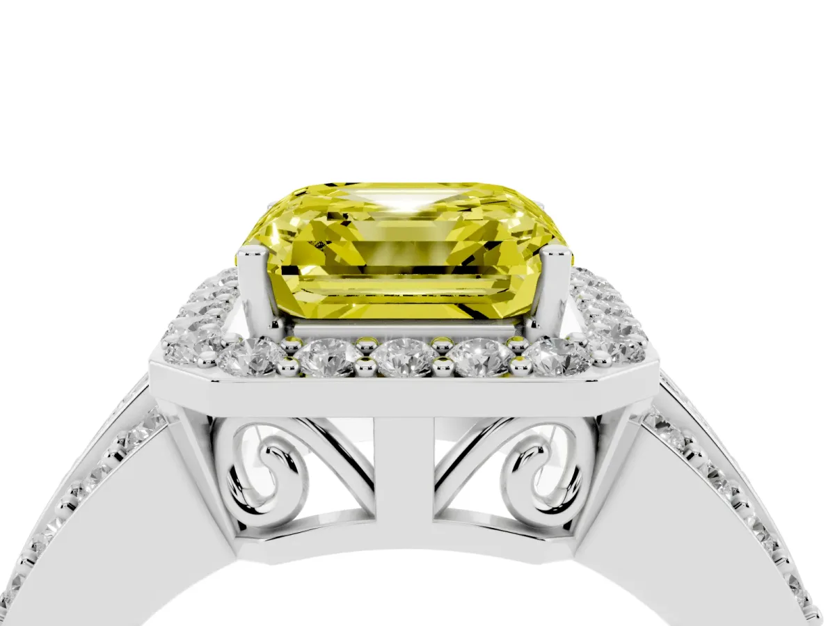 Fancy Yellow Asscher Cut Halo Diamond Ring with Round Split Shank and Prong Setting Platinum