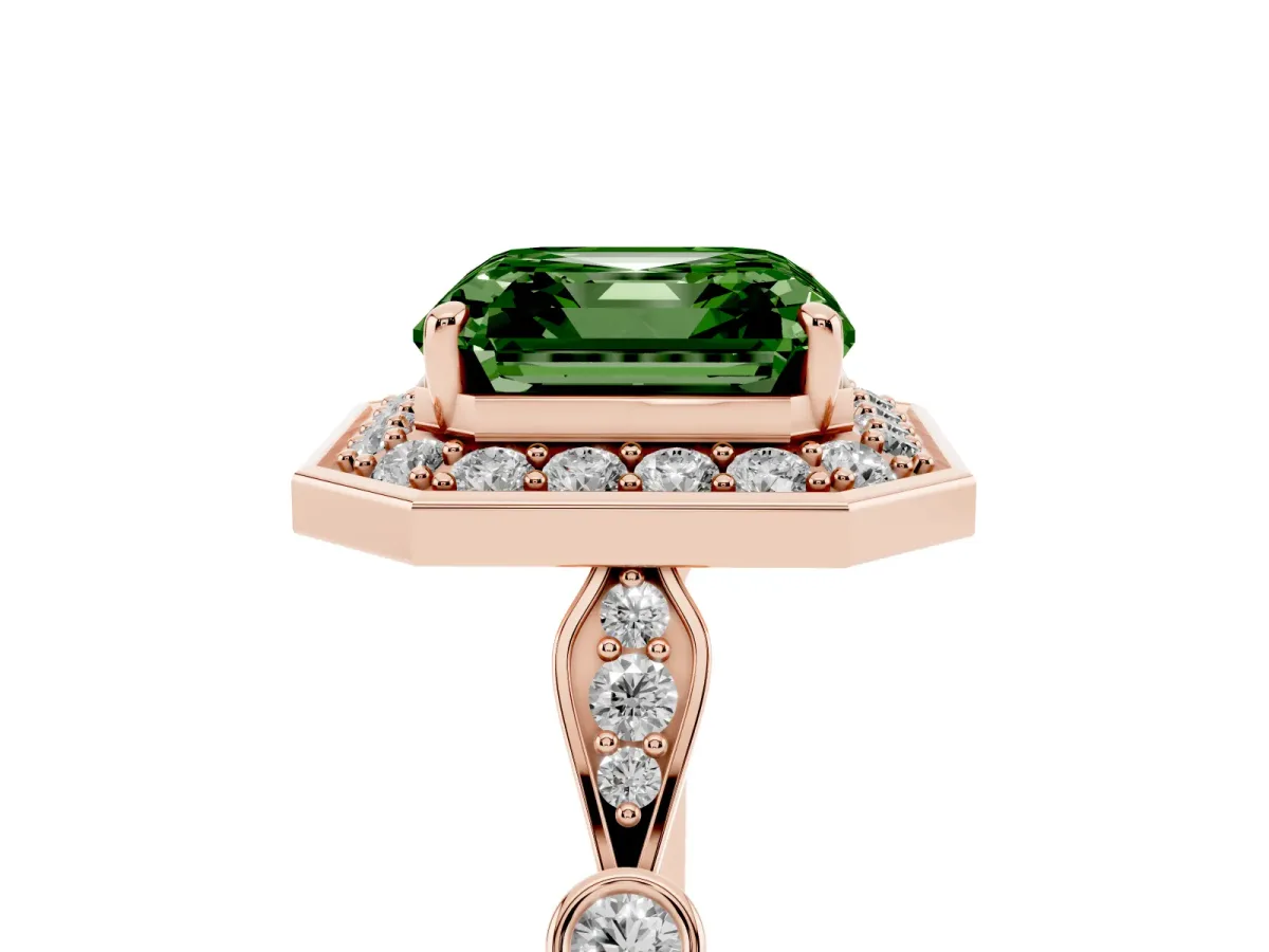 Fancy Green Asscher Cut Halo Diamond Engagement Ring with Twisted Band and Four-Prong Setting Rose gold