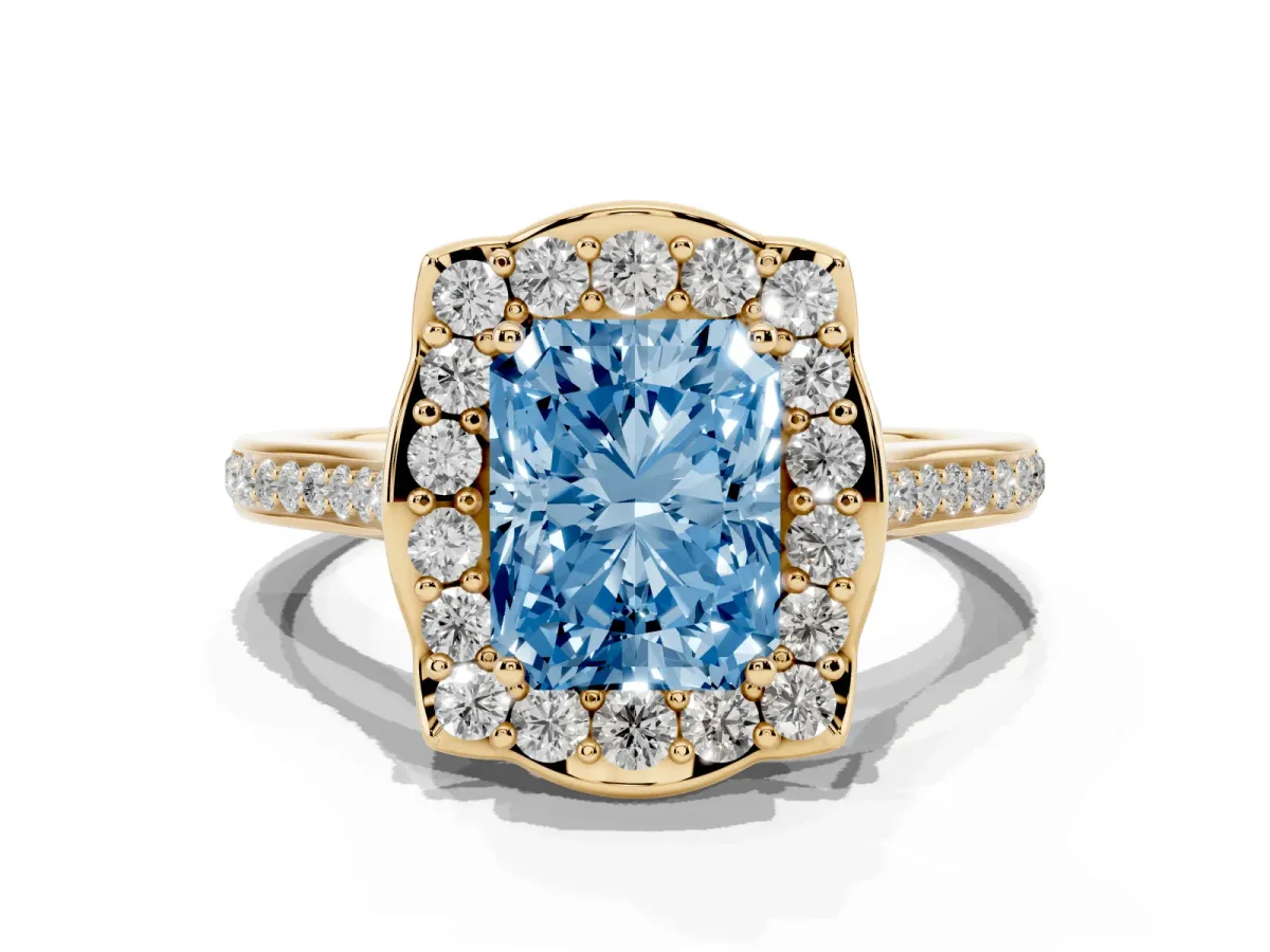 Fancy Blue Radiant Cut Halo Round Diamond Pave Band with Four-Prong Setting Yellow gold