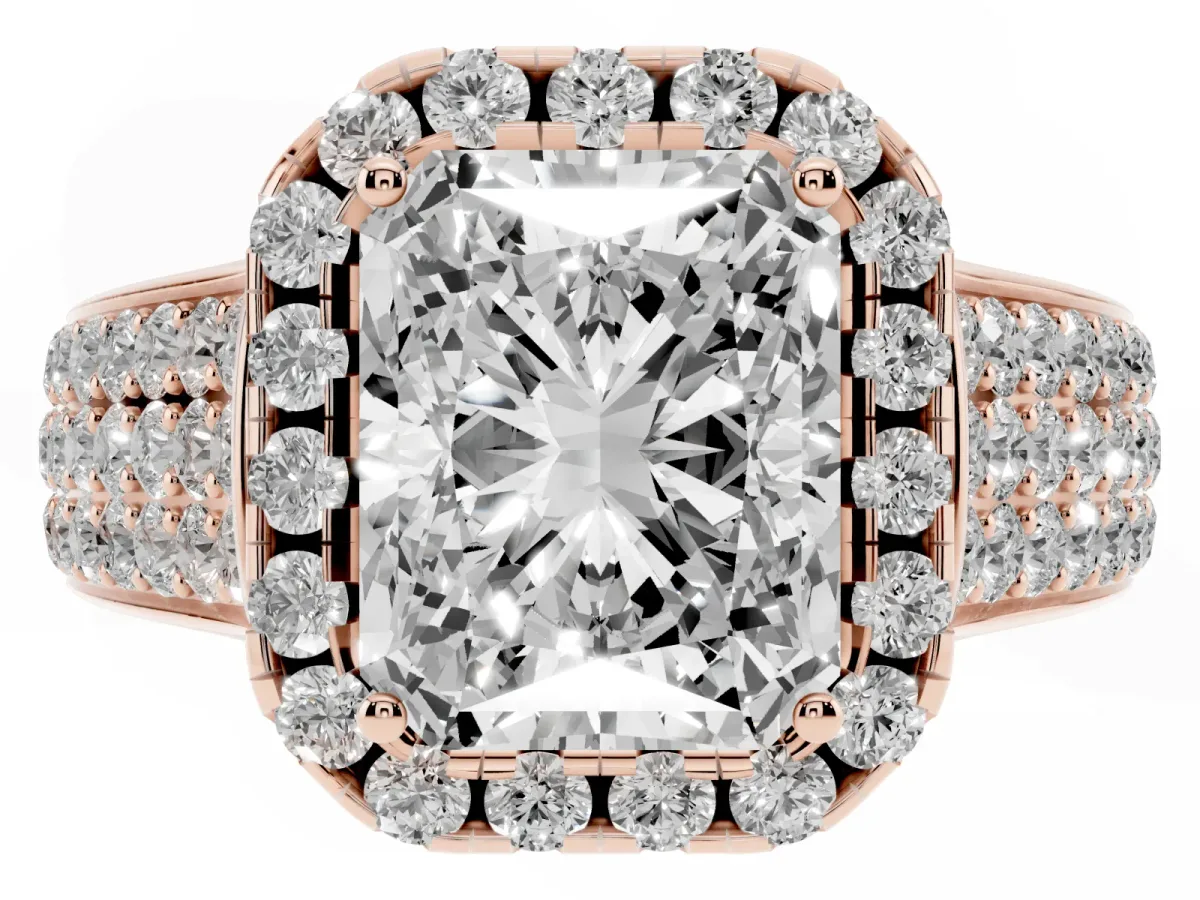 Radiant Cut Halo Round Diamond Pave Band with Prong Setting Rose gold