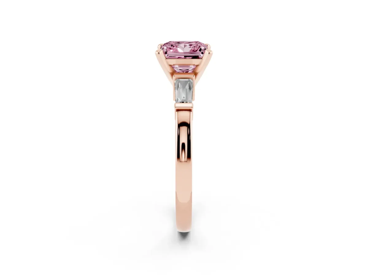 Fancy Pink Princess Cut Cut Diamond Solitaire Ring with Tapered Baguette Accents and Four-Prong Setting Rose gold