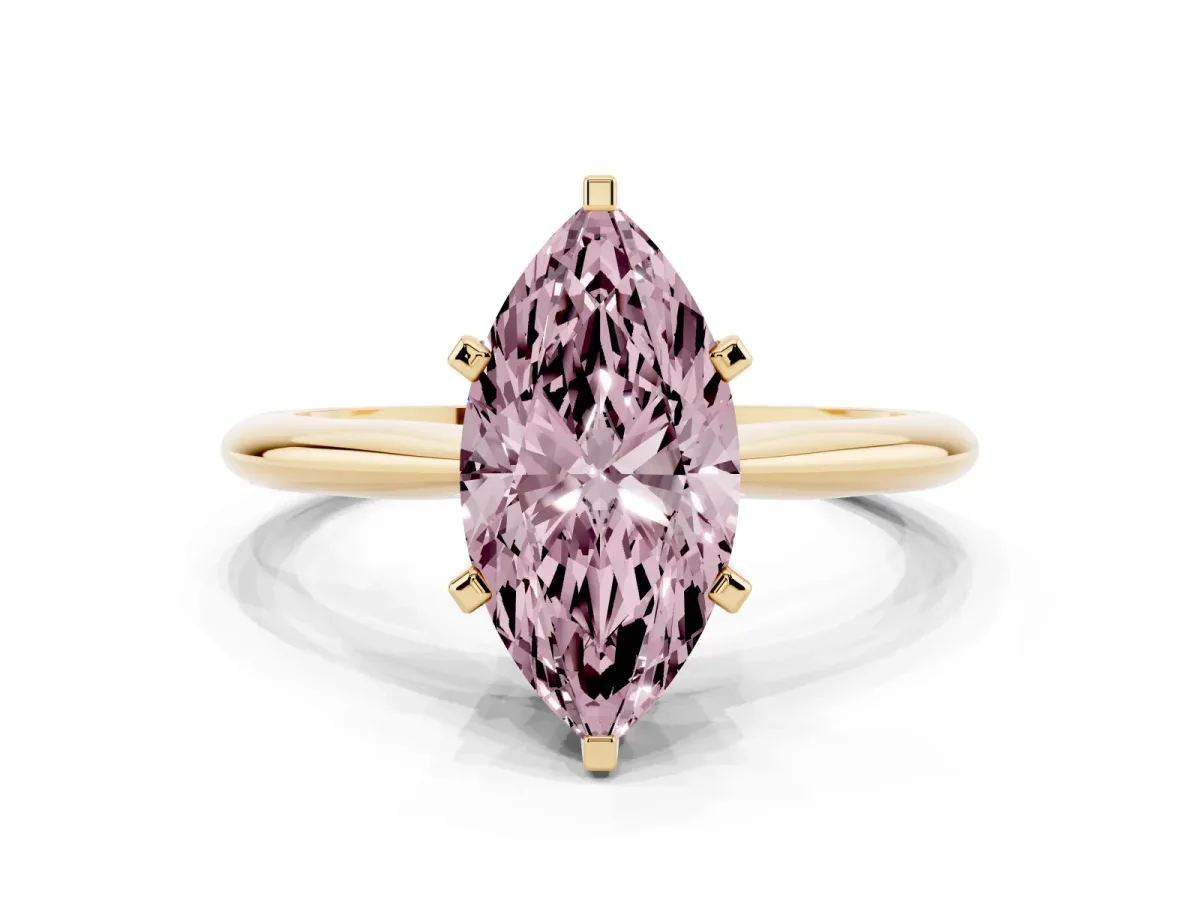 Fancy Pink Marquise Cut Cut Solitaire Ring with Four-Prong Setting on a Classic Band Yellow gold