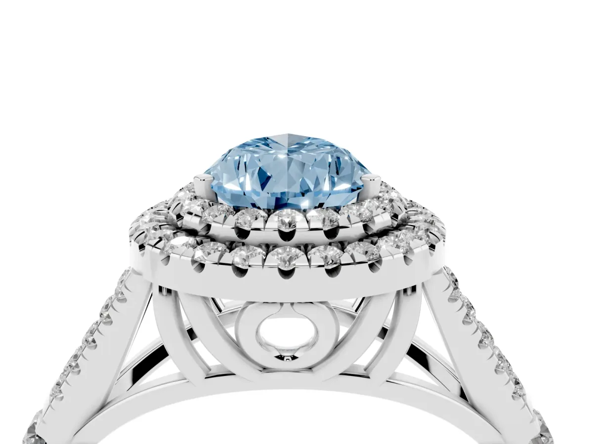 Fancy Blue Pear Cut Diamond Pavé Split Shank Double Halo Engagement Ring Platinum