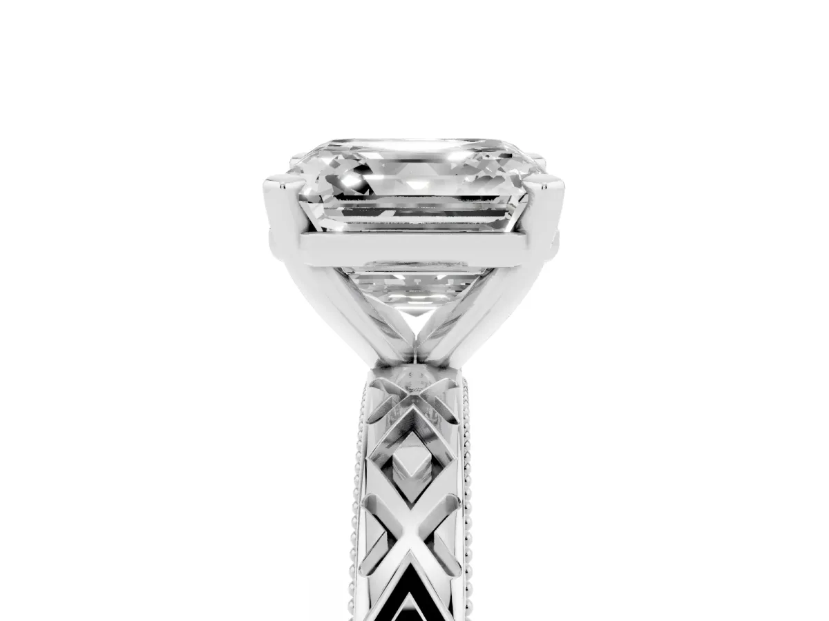 Asscher Cut Solitaire Diamond Ring with Milgrain and Black Enamel X Pattern Band Silver