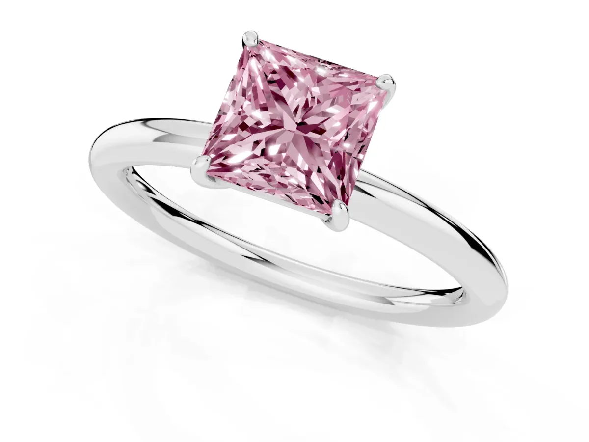 Fancy Pink Princess Cut Solitaire Diamond Ring with Four-Prong Setting on a Plain Band Platinum