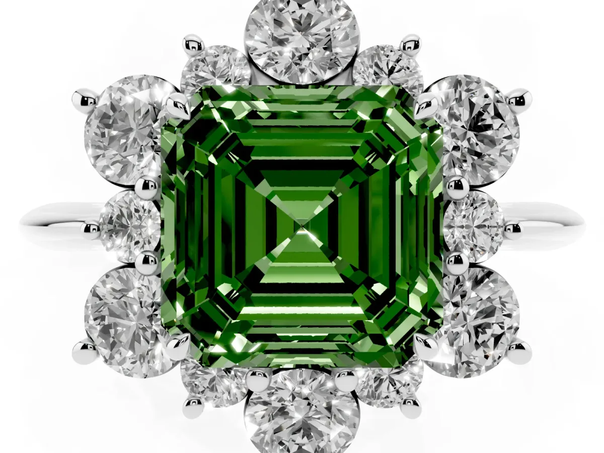 Fancy Green Asscher Cut Diamond Cluster Halo Ring with Solitaire Band and Four-Prong Setting White gold
