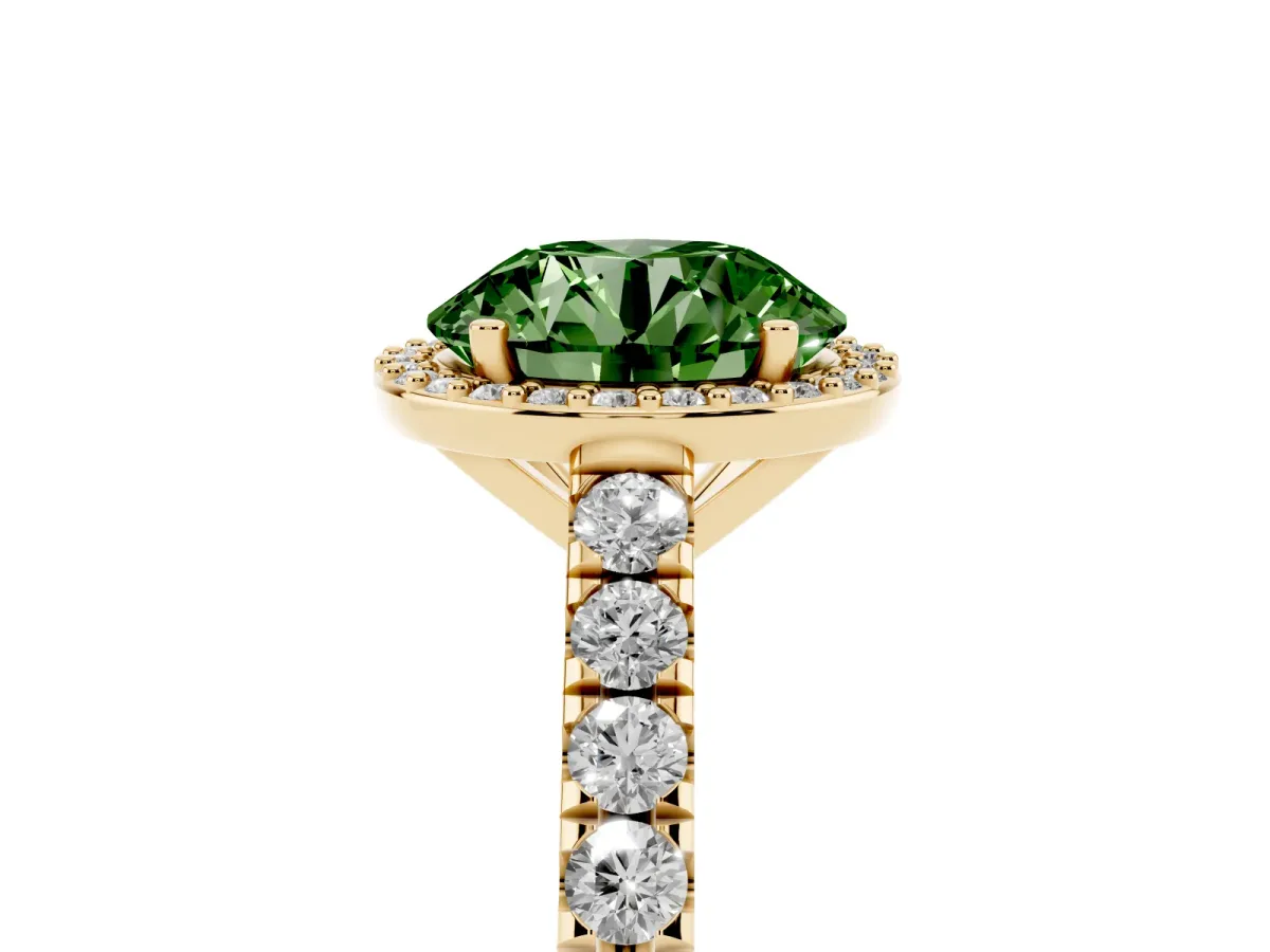 Fancy Green Round Cut Cut Halo Diamond Engagement Ring with Pave Band and Four-Prong Setting Yellow gold