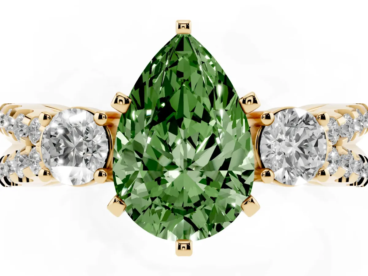 Fancy Green Pear Cut Diamond Three-Stone Ring with Pavé Split Shank and Four-Prong Setting Yellow gold