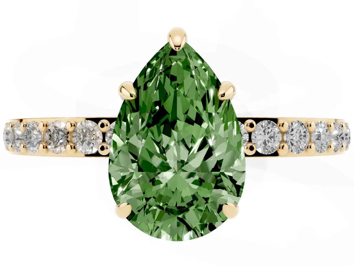 Fancy Green Pear Cut Diamond Pavé Engagement Ring with Round Accents and Prong Setting Yellow gold