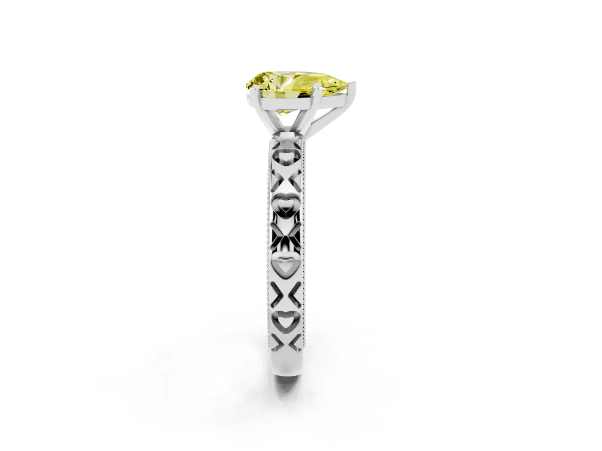 Fancy Yellow Pear Cut Solitaire Diamond Engagement Ring with XO Engraved Band and Four-Prong Setting Silver