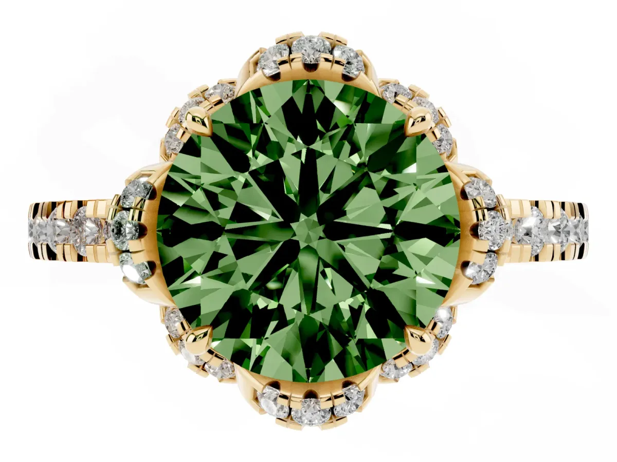 Fancy Green Round Cut Halo Diamond Pave Band Ring with Four-Prong Setting Yellow gold