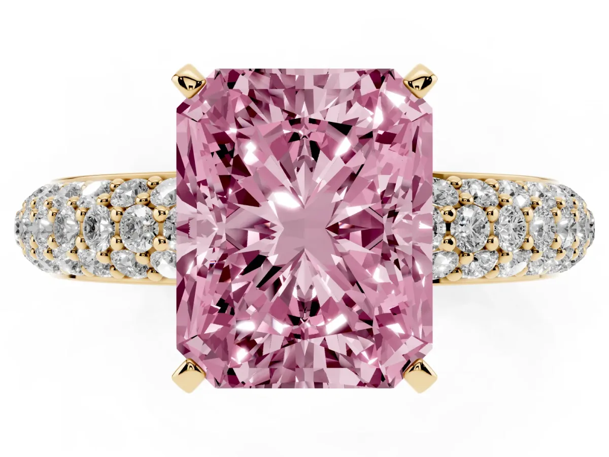 Fancy Pink Radiant Cut Diamond Solitaire Ring with Prong Setting and Pavé Band Yellow gold