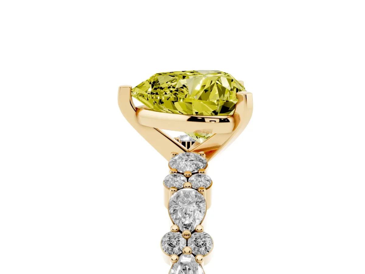 Fancy Yellow Heart Cut Diamond Side Stone Solitaire Ring with Round and Four-Prong Setting Yellow gold