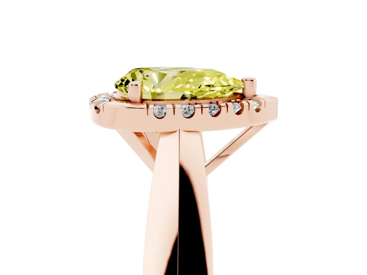 Fancy Yellow Pear Cut Cut Halo Solitaire Engagement Ring with Square Band and Four-Prong Setting Rose gold