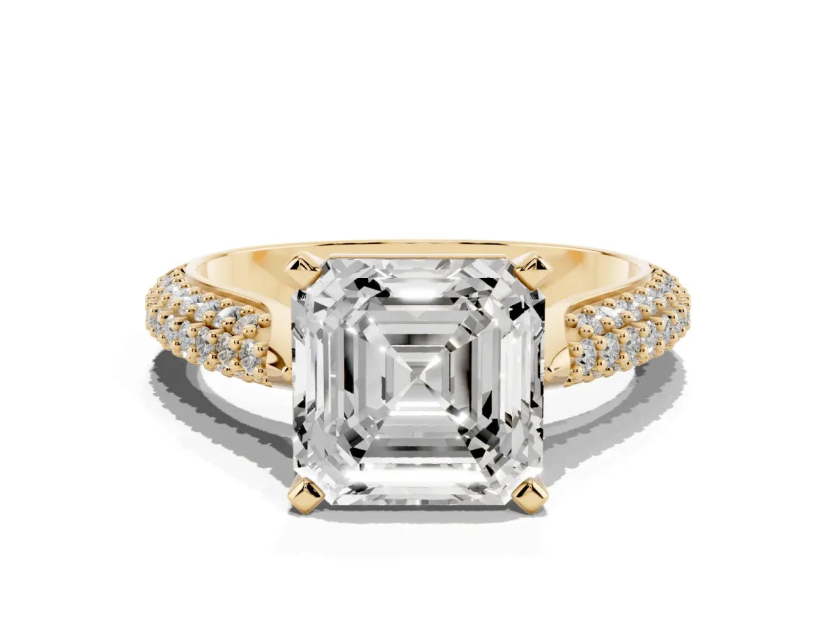 Asscher Cut Diamond Solitaire Engagement Ring with Multi-Row Round Pavé Band and Prong Setting Yellow gold