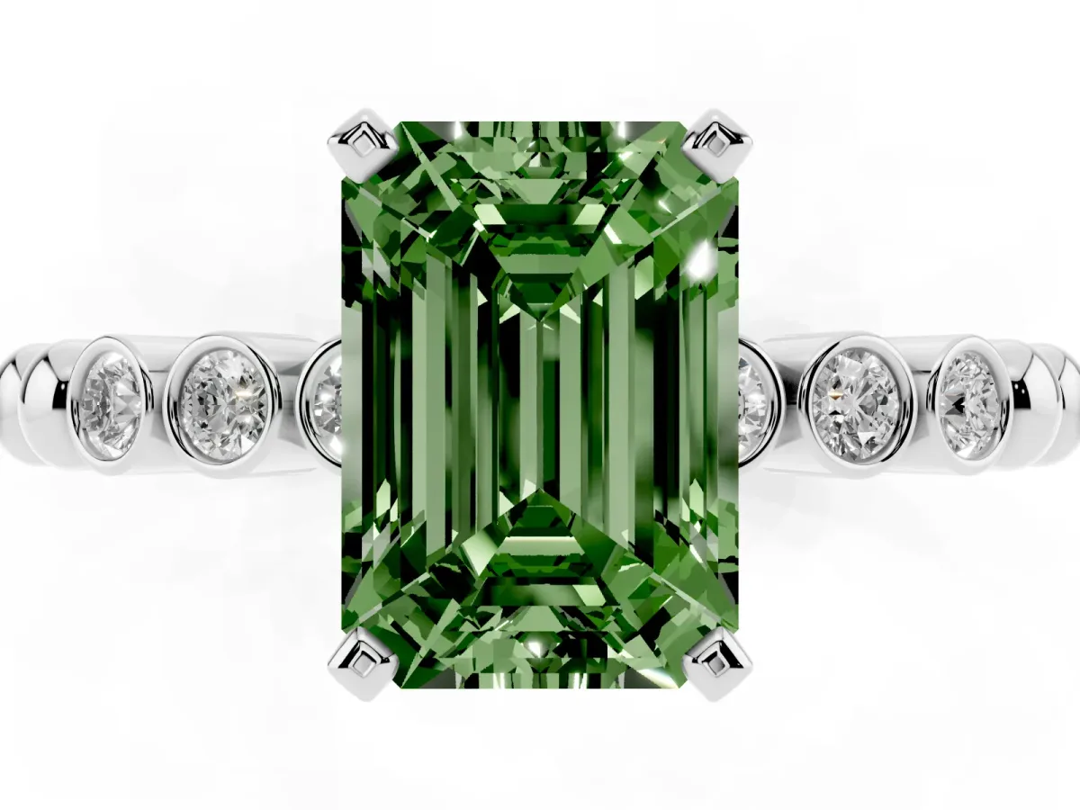 Fancy Green Emerald Cut Solitaire Bezel Accent Diamond Engagement Ring with Beaded Band and Four-Prong Setting Silver