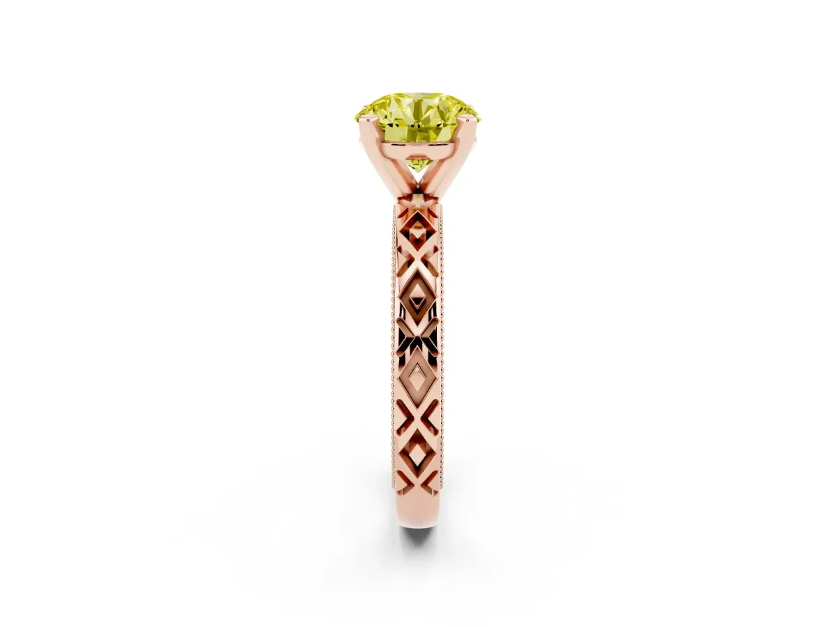 Fancy Yellow Round Cut Solitaire Diamond Ring with Milgrain and Black Enamel X Pattern Band Rose gold