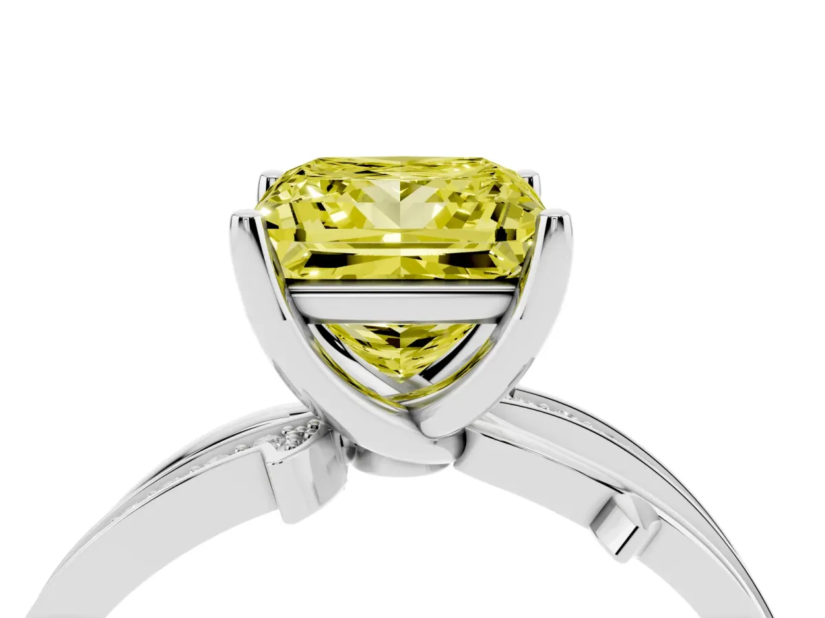 Fancy Yellow Princess Cut Solitaire Twist Band with Pavé Accents and Four-Prong Setting Platinum
