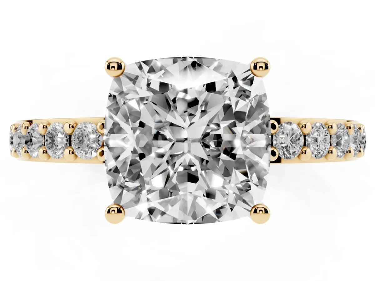 Cushion Cut Cut Diamond Solitaire with Pave Band and Four-Prong Setting Yellow gold