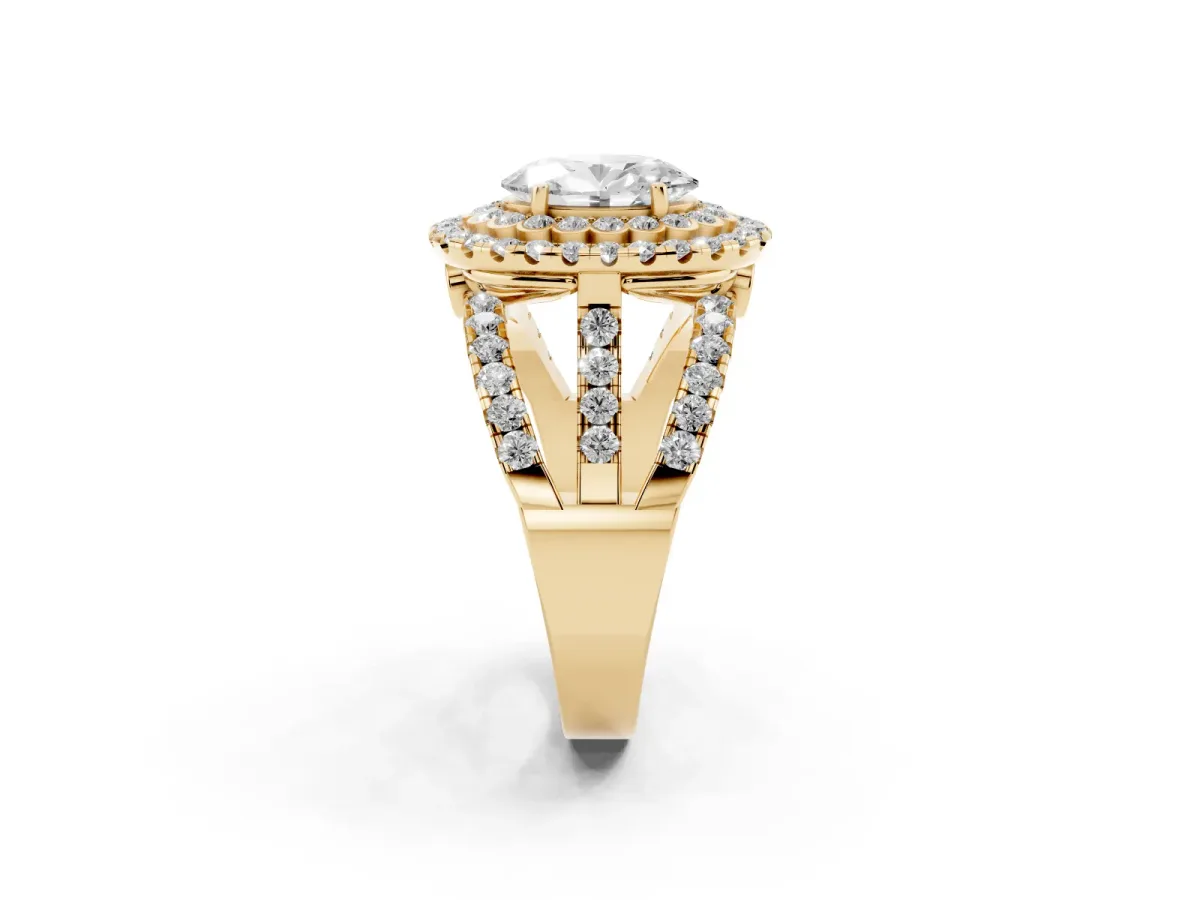 Oval Cut Diamond Double Halo Ring with Round Pavé Split Shank and Prong Setting Yellow gold