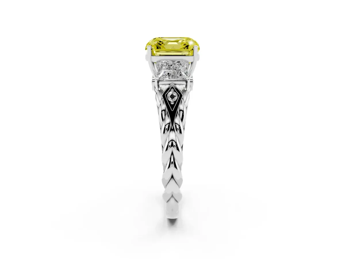 Fancy Yellow Three-Stone Asscher Cut Diamond Braided Band Ring with Four-Prong Setting Silver