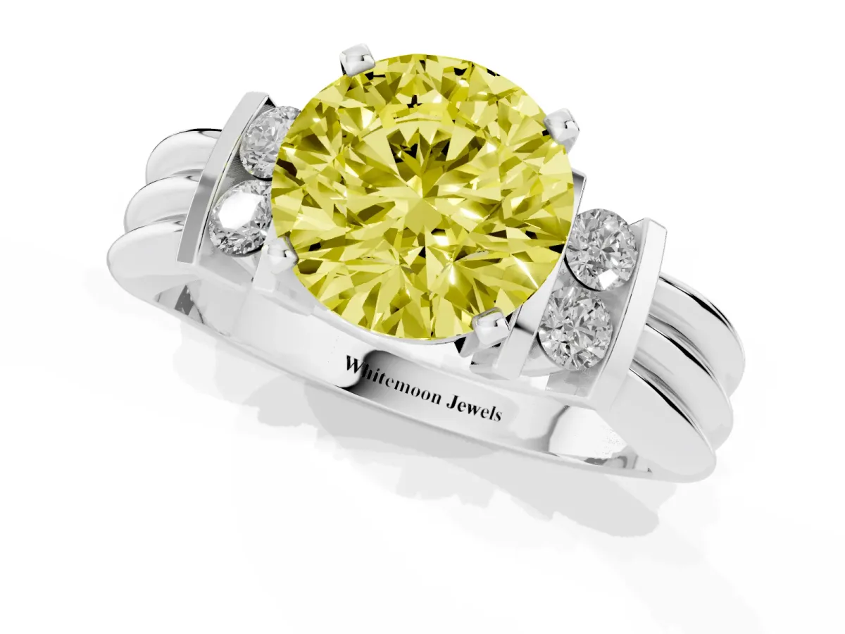 Fancy Yellow Round Cut Cut Three-Stone Channel Set Ring with Bar Prongs Silver