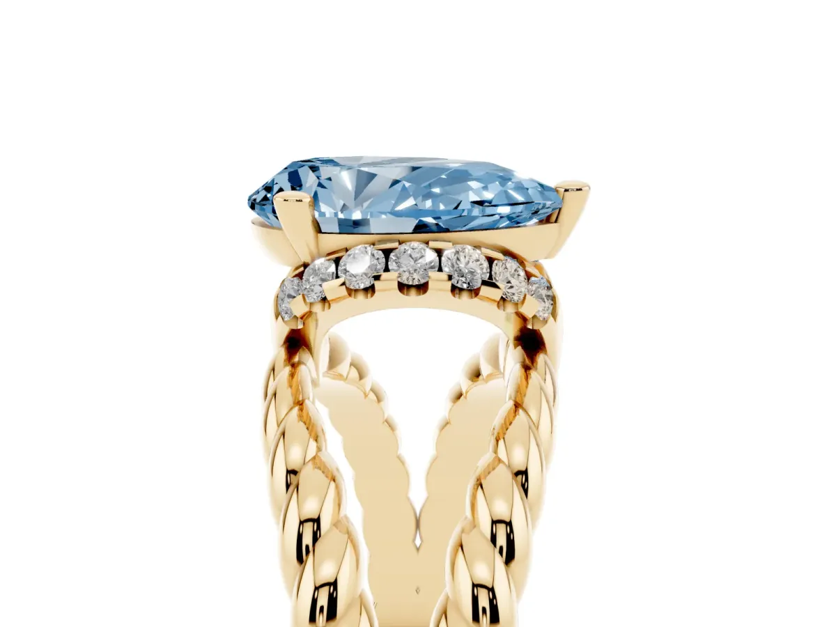 Fancy Blue Pear Cut Halo Twisted Band Four-Prong Ring Yellow gold