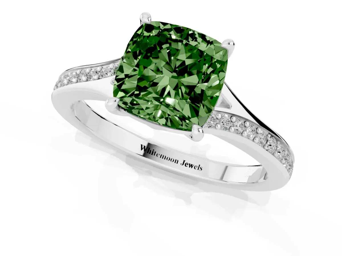 Fancy Green Cushion Cut Diamond Solitaire Ring with Pavé Band and Prong Setting Silver