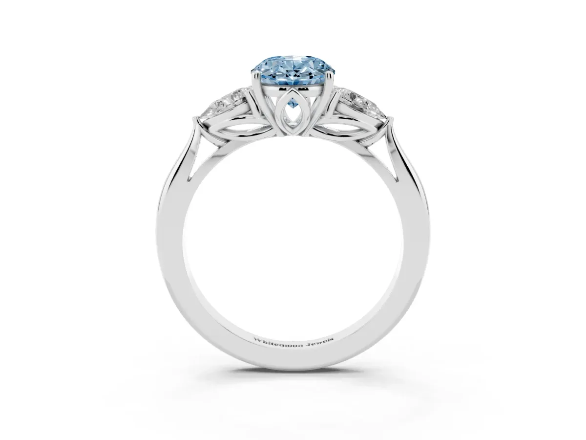 Fancy Blue Oval Cut Diamond Three-Stone Ring with Pear Side Stones and Prong Setting White gold