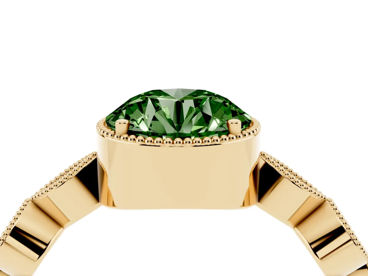 Fancy Green Round Cut Diamond Vintage Milgrain Ring with Round Stations Yellow gold