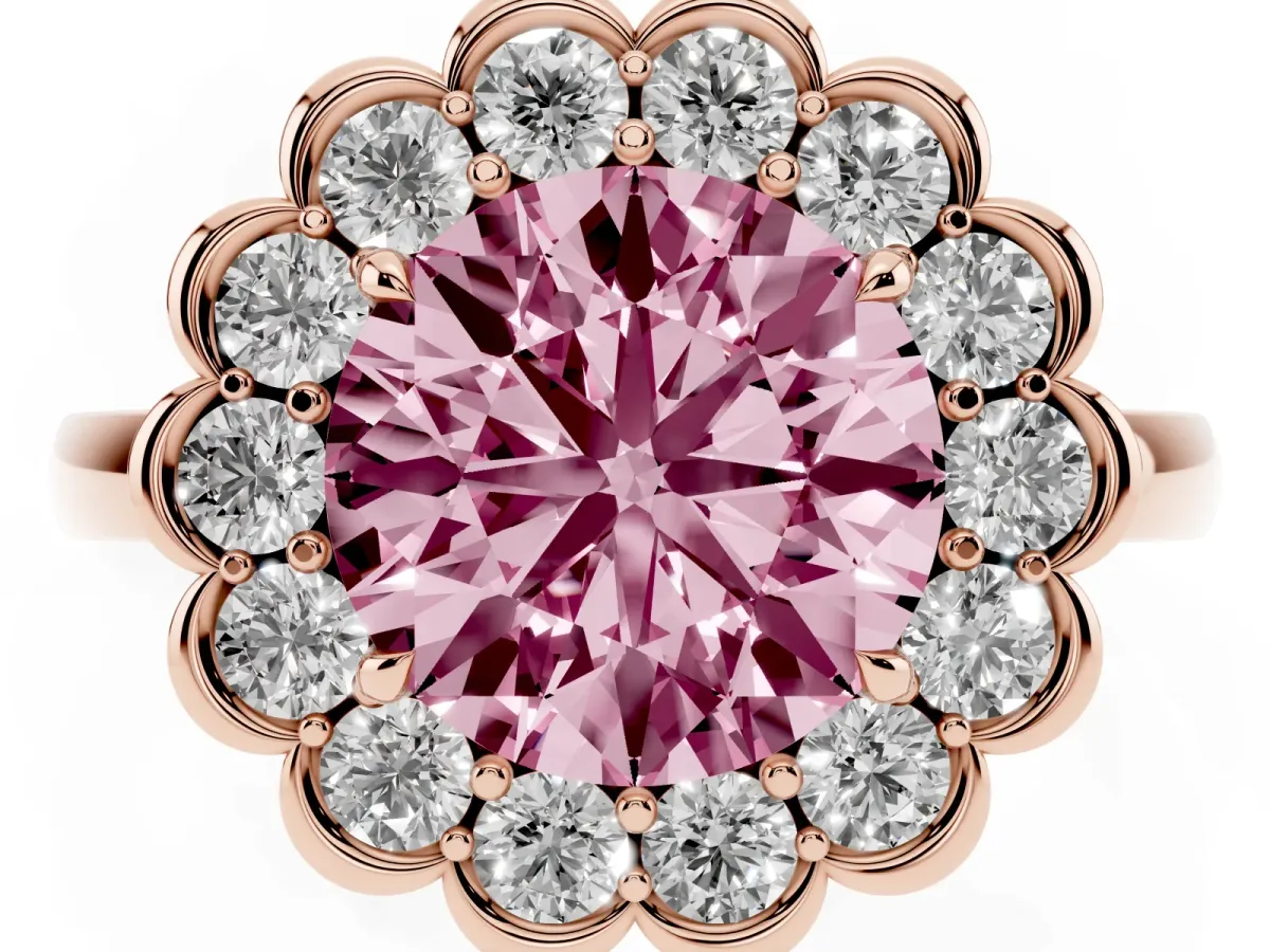 Fancy Pink Round Cut Halo Cluster Diamond Engagement Ring with Solitaire Band and Prong Setting Rose gold