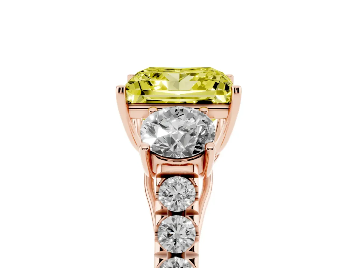 Fancy Yellow Princess Cut Cut Diamond Three-Stone Ring with Round Side Stones and Pavé Band Rose gold