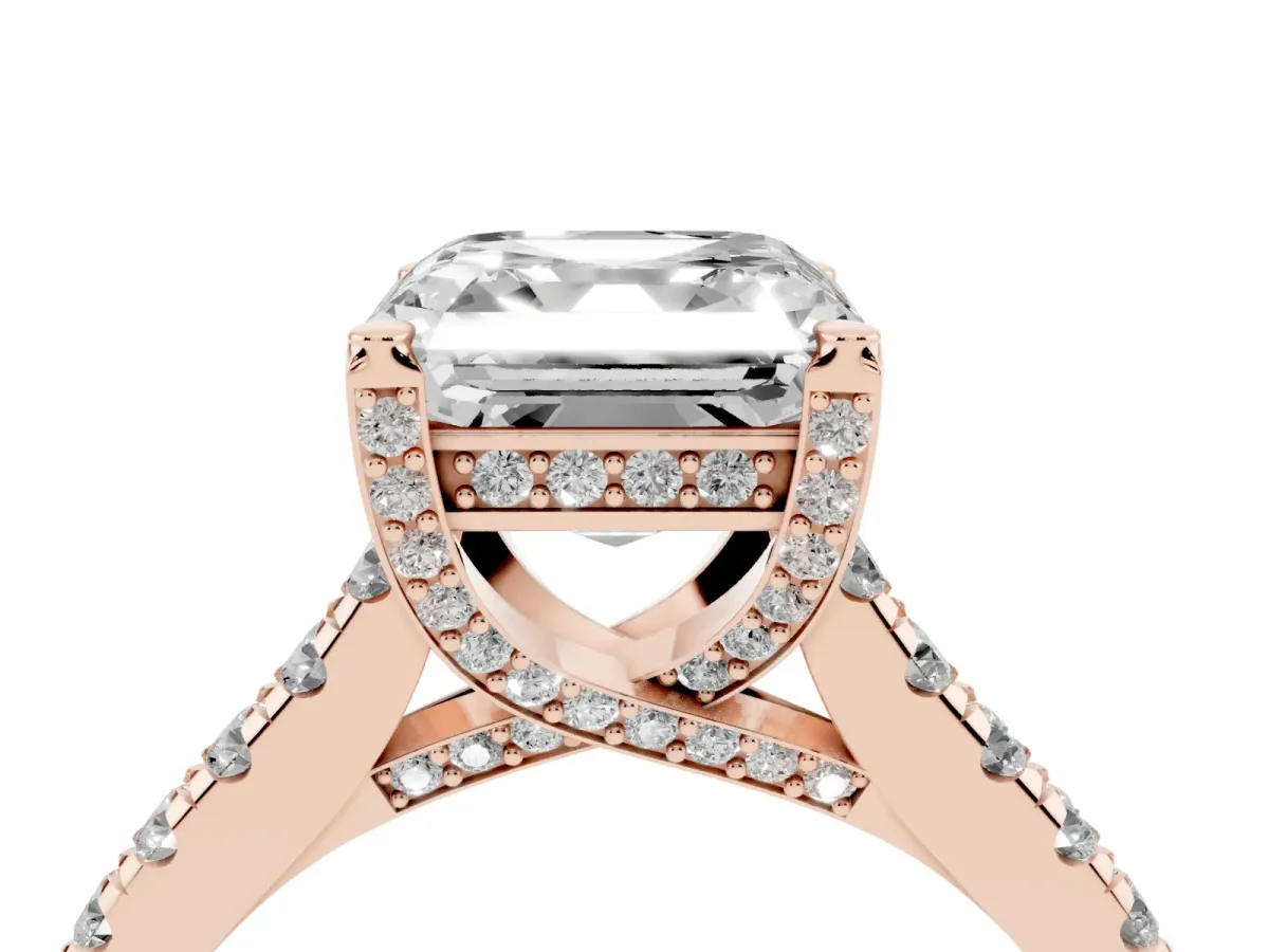 Asscher Cut Brilliant Diamond Solitaire with Pavé Band and Four-Prong Setting Rose gold
