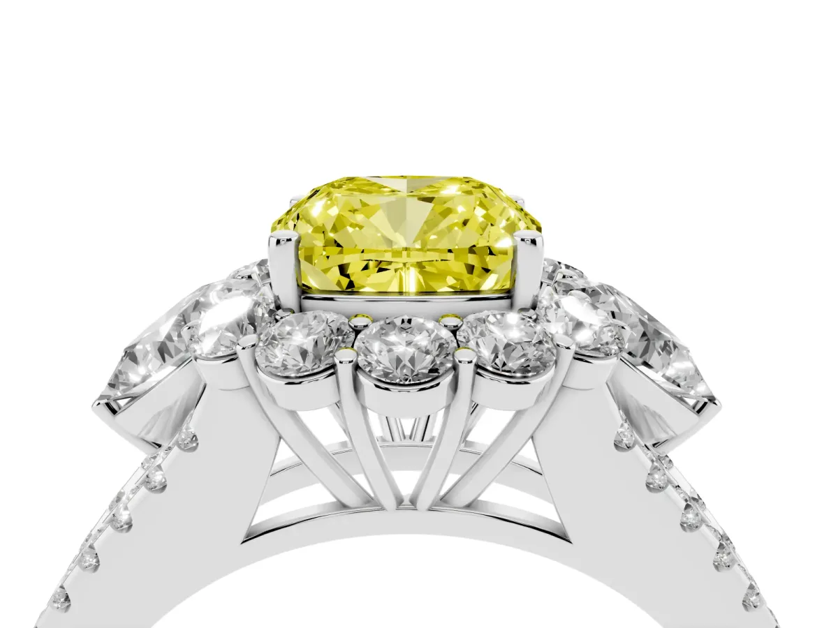 Fancy Yellow Cushion Cut Halo Split Shank Diamond Engagement Ring with Prong Setting Silver