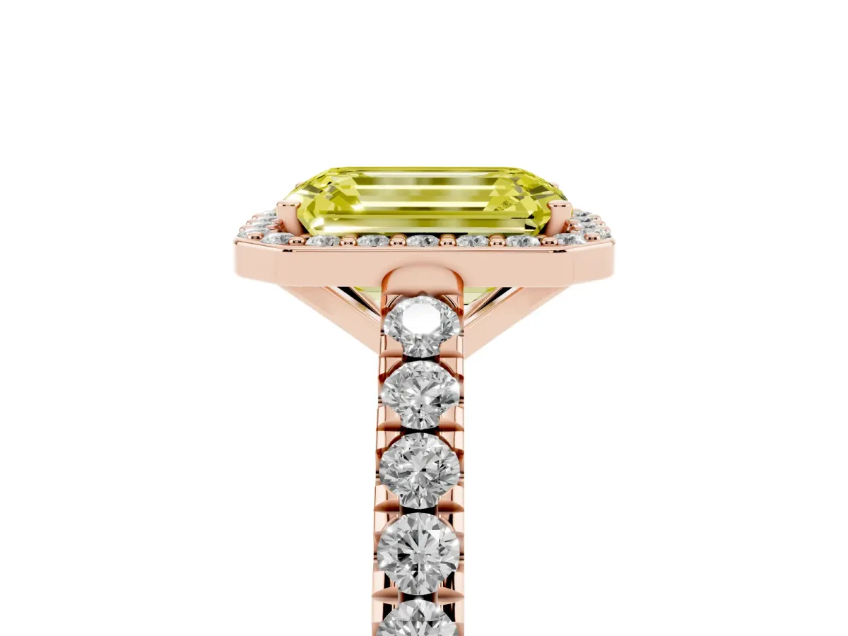 Fancy Yellow Emerald Cut Cut Halo Diamond Engagement Ring with Pave Band and Four-Prong Setting Rose gold