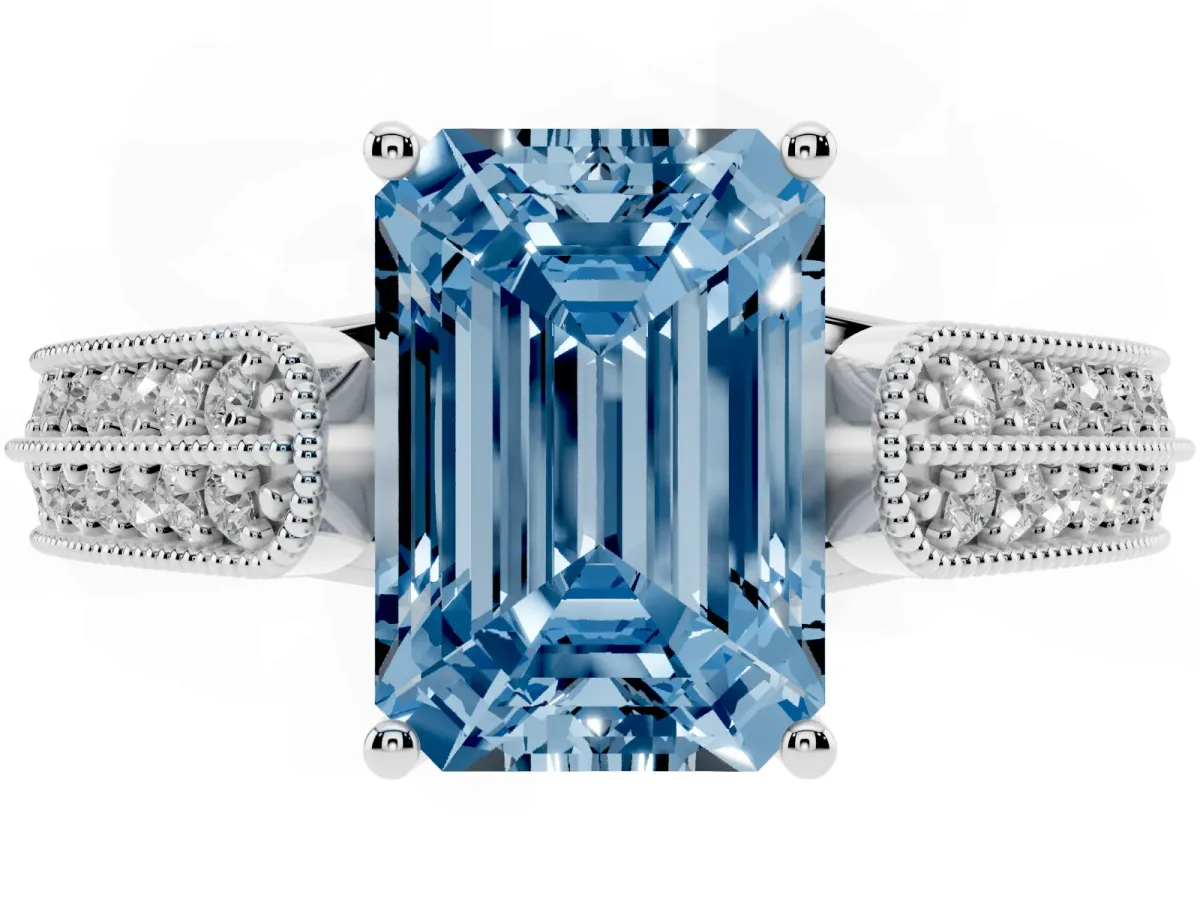 Fancy Blue Emerald Cut Cut Pave Split Shank Engagement Ring with Four-Prong Setting White gold