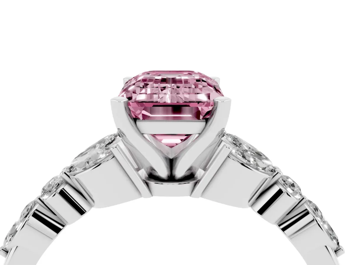 Fancy Pink Emerald Cut Diamond Solitaire Ring with Side Stones and Four-Prong Setting Silver