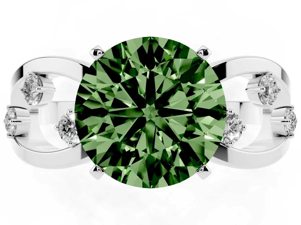 Fancy Green Round Cut Cut Solitaire Diamond with Side Stones on Criss-Cross Band and Four-Prong Setting Platinum