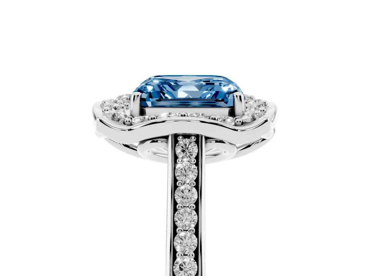 Fancy Blue Asscher Cut Halo Round Diamond Pave Band with Four-Prong Setting Silver