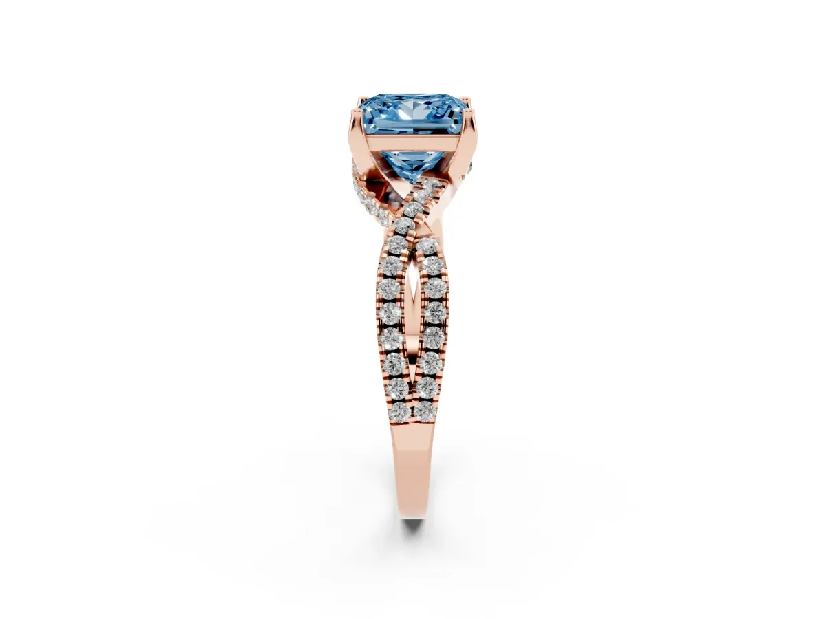 Fancy Blue Princess Cut Solitaire Twist Pave Diamond Engagement Ring with Prong Setting Rose gold