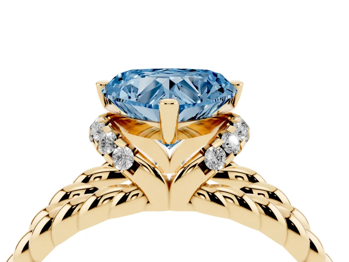 Fancy Blue Heart Cut Halo Twisted Band Four-Prong Ring Yellow gold