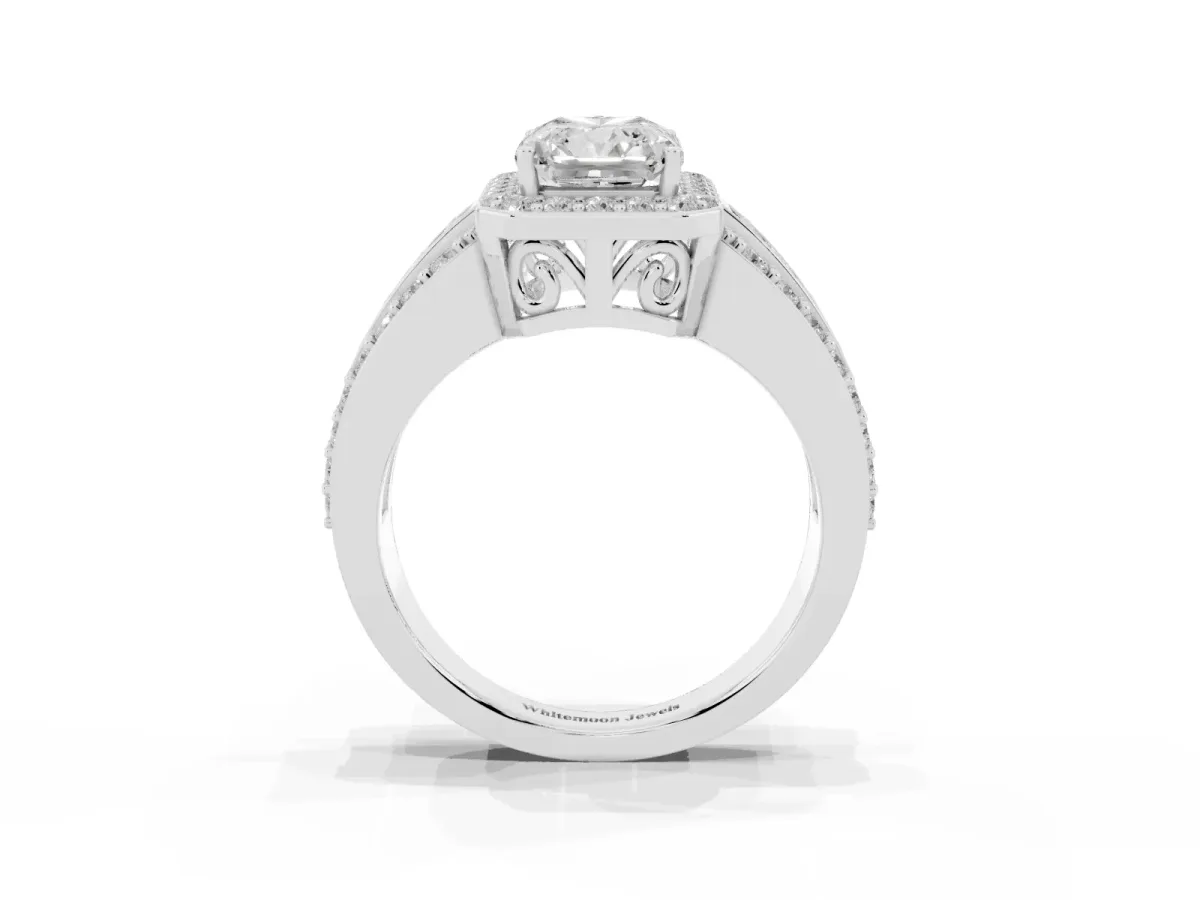 Radiant Cut Halo Diamond Ring with Round Split Shank and Prong Setting Silver