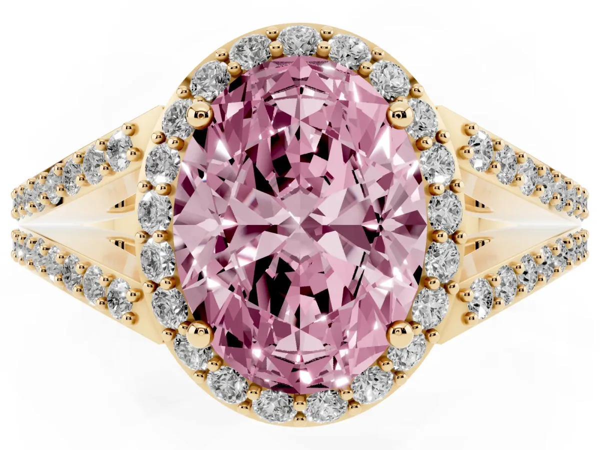 Fancy Pink Oval Cut Halo Split Shank Pave Diamond Ring with Four-Prong Setting Yellow gold