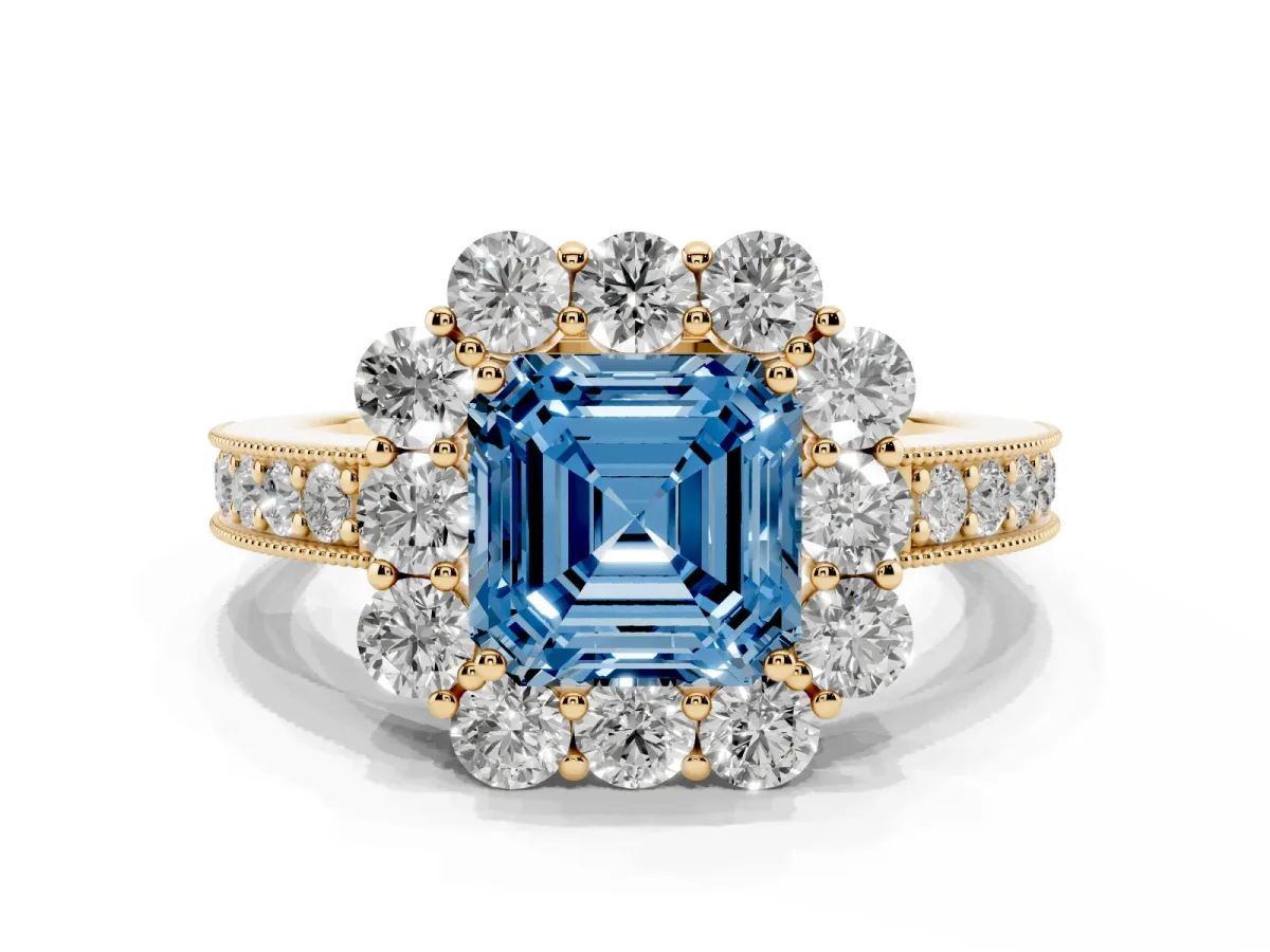 Fancy Blue Asscher Cut Cut Halo Diamond Pavé Engagement Ring with Milgrain Detailing Yellow gold