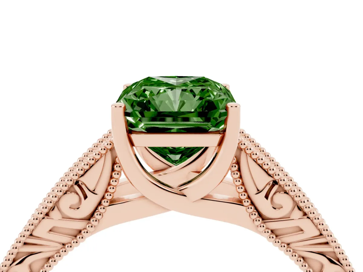 Fancy Green Radiant Cut Diamond Solitaire Ring with Engraved Band and Four-Prong Setting Rose gold