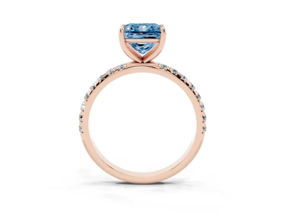 Fancy Blue Princess Cut Cut Diamond Solitaire Ring with Micro Pave Band and Four Prong Setting Rose gold