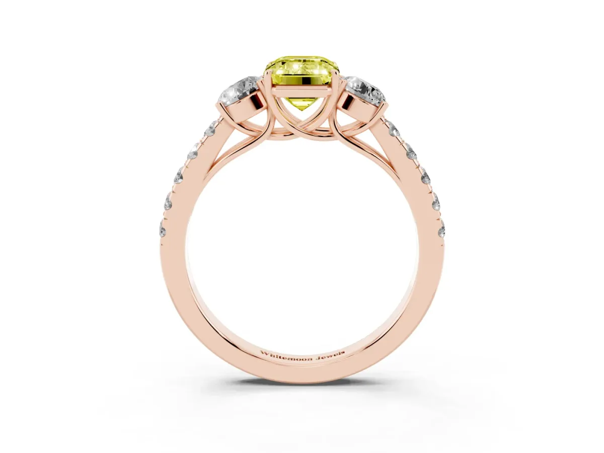 Fancy Yellow Emerald Cut Cut Diamond Three-Stone Ring with Round Side Stones and Pavé Band Rose gold
