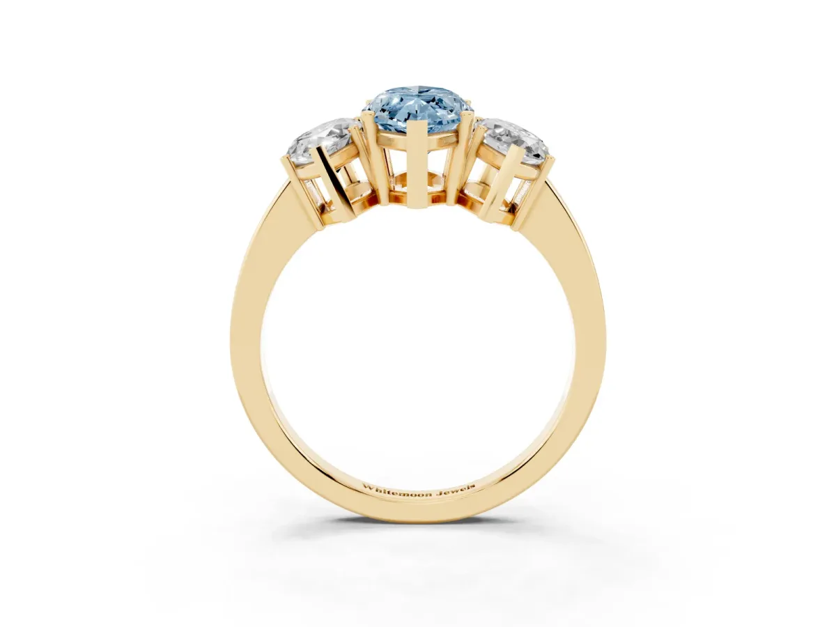 Fancy Blue Three-Stone Marquise Cut Cut Diamond Engagement Ring with Flat Band and Four-Prong Setting Yellow gold